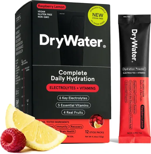 DryWater® Paquetes de polvo de hidratación de electrolitos + vitaminas, limón de frambuesa (sin estevia), 1,000 mg de potasio, fruta orgánica real,