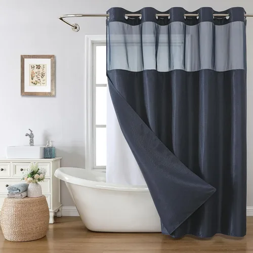 Miniatura 11 de eachope Cortina de ducha negra sin gancho con forro de tela a presión, cortinas de ducha de tejido gofre para baño, juego de cortinas de baño
