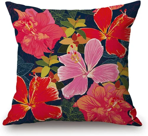 Miniatura 58 de Solekla Funda de almohada cuadrada de lino y algodón con flores blancas y negras, funda de cojín decorativa para sofá de 18 x 18 pulgadas Sl157