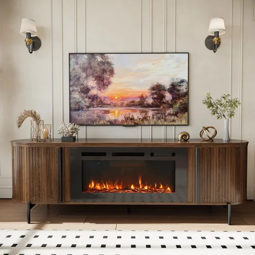 Miniatura 8 de Soporte de TV de lujo de 70 pulgadas con chimenea, moderno soporte de TV de mediados de siglo, centro de entretenimiento para televisores de hasta