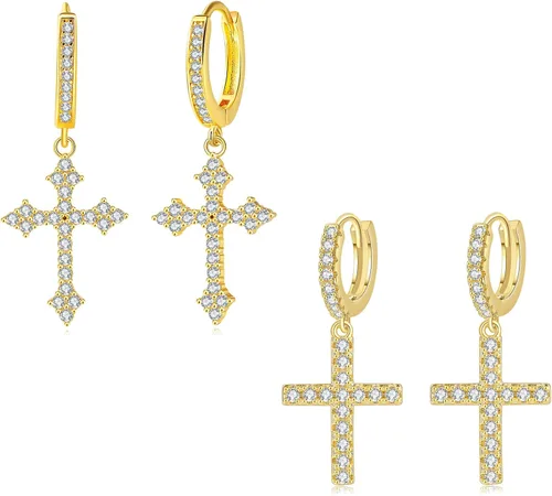 2 pares de aretes de cruz para hombre, chapados en oro de 14 quilates, colgantes, clásicos, pequeños 5A+, circonita cúbica pavimentada, aretes
