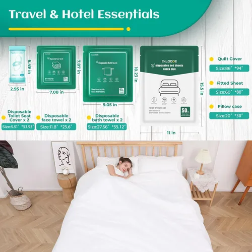 Miniatura 13 de Sábanas desechables para hotel, artículos esenciales de viaje con 2 toallas de baño desechables, 2 toallas faciales desechables y 4 piezas
