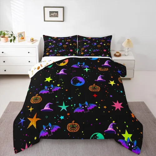 Miniatura 10 de Erosebridal Juego de edredón de Halloween para niños, tamaño individual, juego de ropa de cama de calavera de azúcar para decoración de habitación
