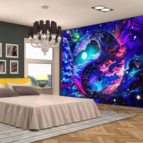 Miniatura 3 de Aidatain Tapiz de cielo colorido de fantasía, luna, nebulosa deslumbrante, Yin y Yang, tapiz de pared, grande de 80 x 60 pulgadas, tela de franela