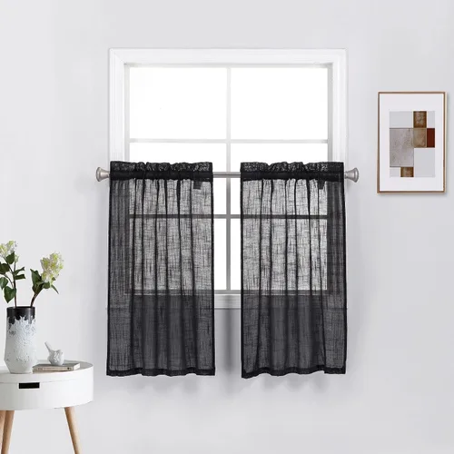 Miniatura 14 de Diamond Home Linens 2 paneles cortos con bolsillo para barra, filtrado de luz, de lino, texturizado, para ventanas pequeñas, 27 pulgadas de ancho x