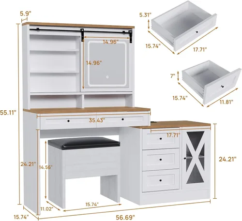 Miniatura 2 de ALBAD - Escritorio de tocador de granja de 56 pulgadas con espejo y luces, color blanco Rustic Makeup Vanity Table/Dresser, Charging Station Power