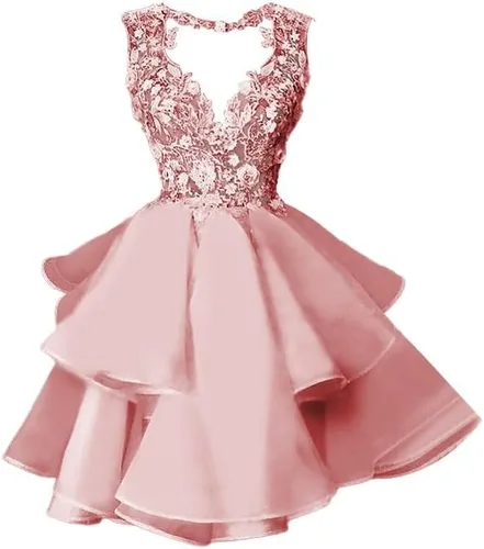 Miniatura 6 de Vestido corto de tul con apliques de encaje para adolescentes, cuello en V, vestido de cóctel acampanado