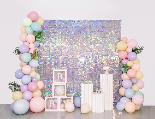 Miniatura 27 de Telón de fondo de pared brillante con lentejuelas cuadradas, color azul bebé, decoración para bodas, aniversarios, cumpleaños, fiestas, 12 paneles