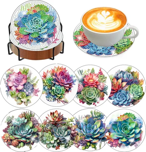 Miniatura 25 de Meothan Juego de 8 posavasos de arte de diamante para adultos con soporte, almohadillas de corcho, posavasos de arte de puntos de diamante de vidrio