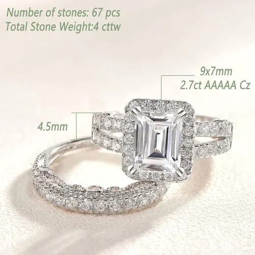 Miniatura 5 de Wuziwen Juego de anillos de compromiso de plata de ley de 4 quilates con corte esmeralda para mujer, talla 5-10