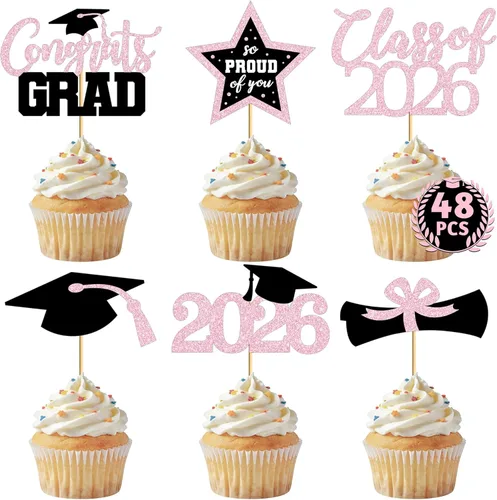Miniatura 15 de 48 adornos para cupcakes de graduación, 6 estilos con purpurina, decoraciones de graduación en negro y rojo 2026, tapas y palillos para pasteles