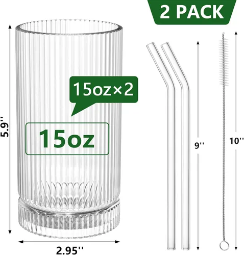 Miniatura 2 de CWHHRN Vasos de vidrio de 15 onzas con pajitas, cristalería vintage para whisky, cóctel, cerveza, tazas de café helado y vasos para beber