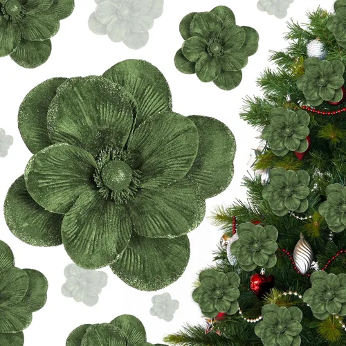 Miniatura 8 de 12 piezas de flores de pascua de Navidad grandes de terciopelo con cabezas grandes de flores de magnolia artificiales con purpurina para decoración