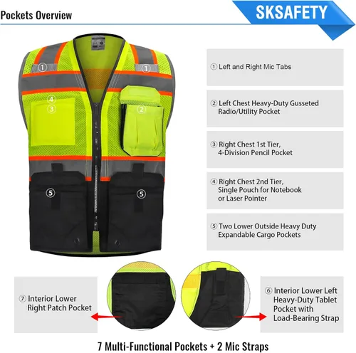 Miniatura 3 de SKSAFETY Chaleco de seguridad de nivel profesional con 10 bolsillos, chaleco de alta visibilidad clase 2 con cremallera, chaleco de alta visibilidad