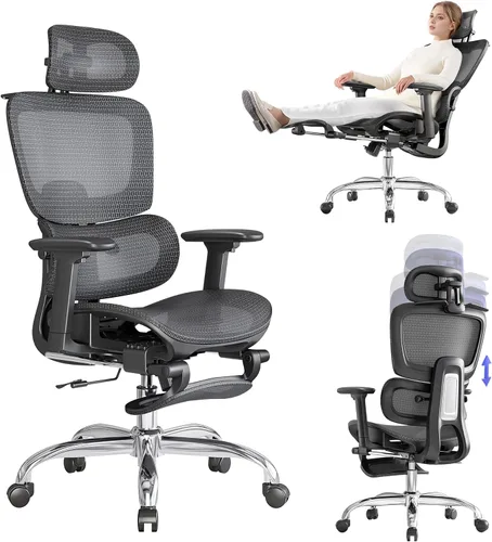 Miniatura 10 de Silla de oficina con reposapiés, silla ergonómica con almohada para el cuello y ruedas de goma, silla de computadora con respaldo ajustable y Negro