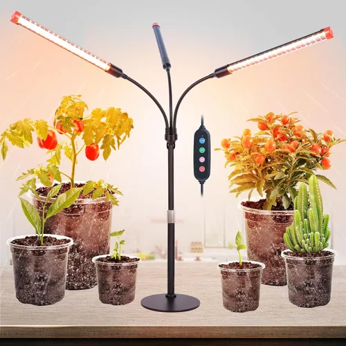 Luces de Cultivo de Mesa de 3 Cabezales para Plantas de Interior, Inicio de Semillas, Verduras, Bonsái con Temporizador de Encendido/Apagado