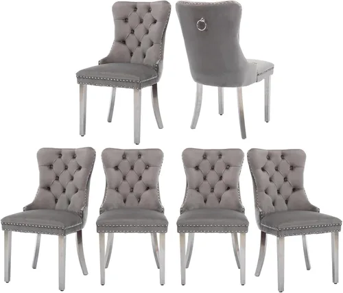 Miniatura 14 de Juego de 2 sillas de comedor, sillas de comedor tapizadas con tirador de anillo trasero, ribete de cabeza de clavo y patas de acero inoxidable Gris
