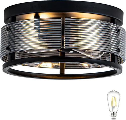 Miniatura 18 de MAYNA Lámpara de techo de granja, lámpara de techo rústica de 2 luces con montaje empotrado de metal y madera, accesorios de iluminación de pasillo