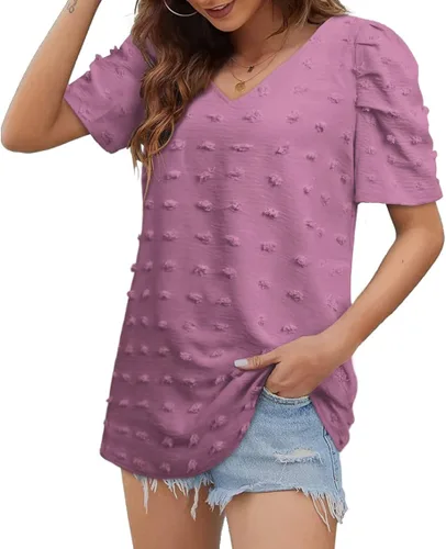 Miniatura 3 de FAPPAREL Camisetas de manga corta para mujer, blusas de gasa con cuello en V, lindas blusas de manga abombada