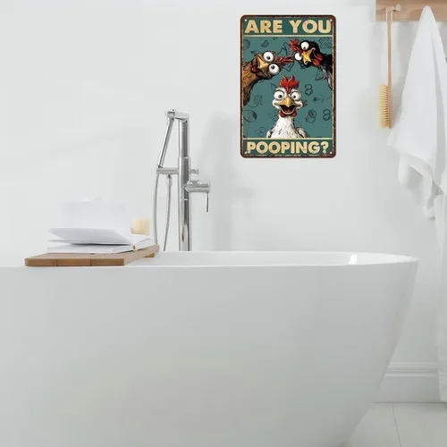 Miniatura 6 de Letrero de estaño vintage de pollo, ¿estás haciendo caca? Póster retro de baño de metal, arte de pared divertido, inodoro, cueva de hombre, bar