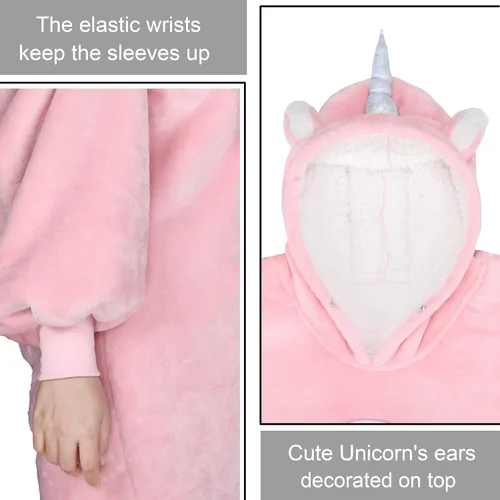 Miniatura 2 de Solaris Manta Ponible con Capucha de Unicornio Rosa para Niños - Regalo Cálido y Suave, Sudadera Pullover de Forro Polar Sherpa Acogedora de Gran