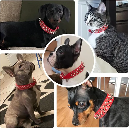 Miniatura 4 de Collar de perro y gato rojo con púas pequeñas para perros pequeños y medianos machos hembras – Collar ajustable con tachuelas – Collar de cuero punk