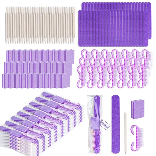 Miniatura 11 de 20 juegos de kit de manicura desechable básico de 4 piezas para viajes, cepillo de agarre, mini pulidor de uñas, lima de uñas y palo de madera