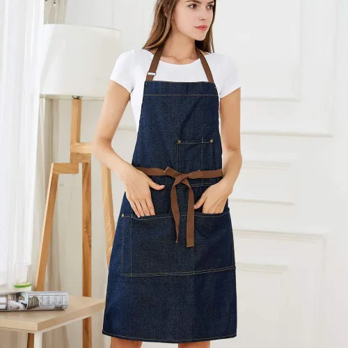Miniatura 2 de YukaBa Delantal de cocina de mezclilla ajustable azul con 5 bolsillos para mujeres y hombres con actualización optimizada (mezclilla)