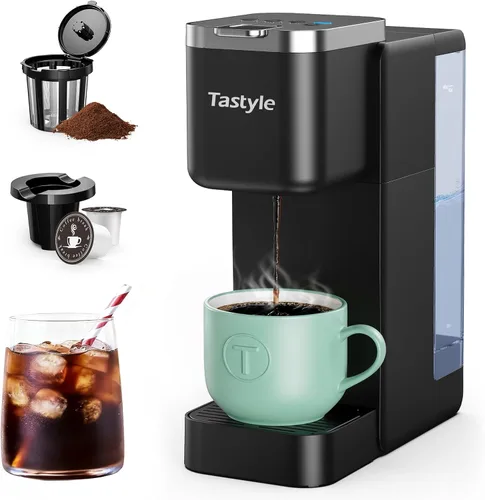 Miniatura 9 de Tastyle Cafetera de una sola porción, máquina de café helado y caliente para cápsulas K y molidos, diseño compacto, depósito de agua extraíble de 40