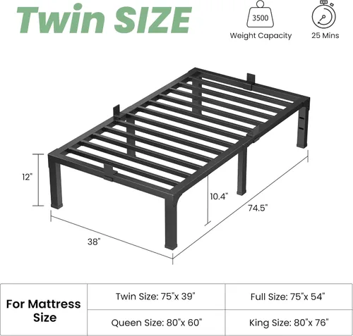 Miniatura 2 de NKZ Base de cama tamaño individual, plataforma de metal resistente de 12 pulgadas con tapón deslizante para colchón, soporte de listones de acero