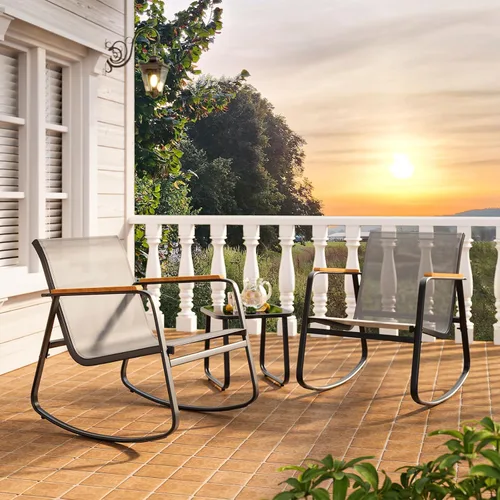 Miniatura 6 de Ahomly - Juego de 3 piezas de muebles de patio, juego de muebles de exterior de Textilene con reposabrazos de madera, mesa de café con superficie