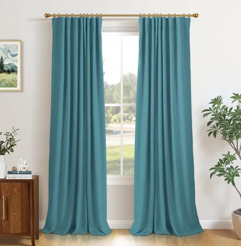 Miniatura 27 de INOVADAY Cortinas 100% opacas para dormitorio, cortinas opacas de 84 pulgadas de largo, cortinas opacas de lino con anillos de clip, aislamiento
