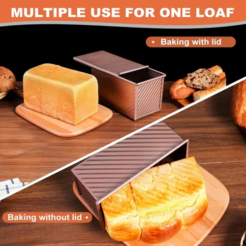Miniatura 5 de Pavsrmy Paquete de 2 moldes para pan Pullman con tapa, capacidad para 1 lb/0.5 lb de masa, molde premium para pan de sándwich con tapa, molde
