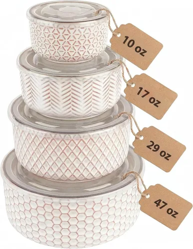 KooK Tazones para servir, con tapas, cuencos de cerámica para anidar, juego de 4, en relieve, cocina, preparación, apilables, regalo, aptos para