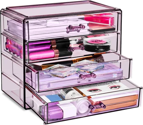 Sorbus Organizador de Maquillaje – Organizadores de Maquillaje Acrílicos de 4 Cajones y Almacenamiento para Cosméticos, Joyas, Suministros de Morado
