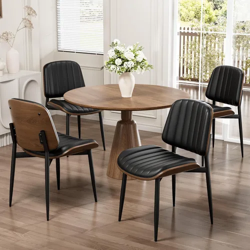 Miniatura 58 de REONEY - Juego de 4 sillas de comedor, modernas de mediados de siglo, tapizadas en piel sintética PU con respaldo de madera curvada de nogal y patas