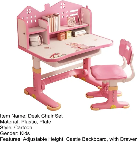 Miniatura 9 de Juego de escritorio y silla ajustable para niños con almacenamiento, cajones, estantería, mesa de escritura y tareas para niños, escritorio