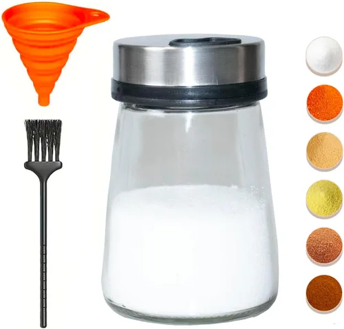 Salero o pimentero con agujeros de vertido ajustables, dispensador de especias de botella de vidrio pequeña de 4 pulgadas con tapa de acero