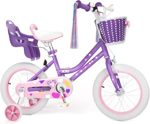 Miniatura 15 de XJD Bicicleta para niñas de 2 a 12 años, bicicleta para niños de 12, 14 y 16 pulgadas, con ruedas de entrenamiento, serpentinas, cesta y asiento