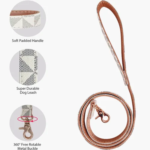 Miniatura 4 de Collar de cuero para perro y correa de 4 pies, collar básico ajustable con patrón de campana a cuadros, collar y correa de cuero duradero