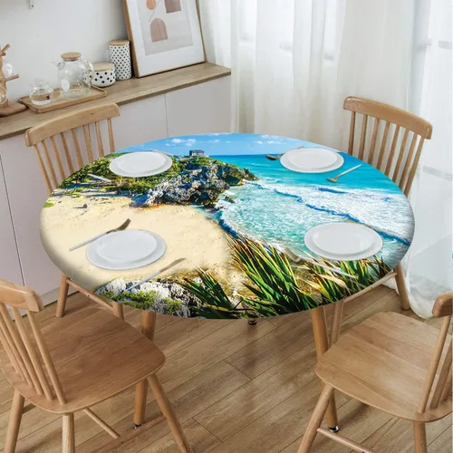 Miniatura 58 de Mantel con patrón de playa, borde elástico, impermeable, lavable, para uso en interiores y exteriores, patio, turquesa aguamarina, para mesas