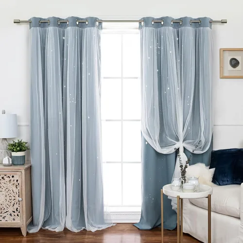 Miniatura 45 de Best Home Fashion Par de cortinas opacas con revestimiento de tul y corte láser, paneles de ventana con ojales plateados para dormitorio, habitación