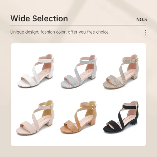Miniatura 7 de Sandalias para niñas con tacón para niños con punta abierta y correa de tobillo, zapatos de vestir con flores para bodas y fiestas para niños
