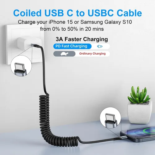 Miniatura 2 de Cable USB C a C de 3 pies, paquete de 2 cables de carga USB C en espiral para automóvil tipo C, cable de carga rápida para iPhone