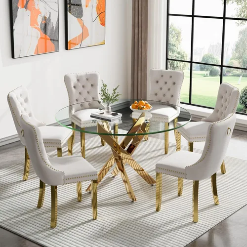 Juego de mesa de comedor de vidrio de 47.24 pulgadas para 6, juego de mesa redonda dorada de 7 piezas con 6 sillas tapizadas de terciopelo, mesa de