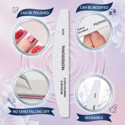 Miniatura 2 de 25 limas de uñas profesionales de media luna, grano 100/100 de doble cara, herramientas reutilizables para limar uñas naturales y acrílicas