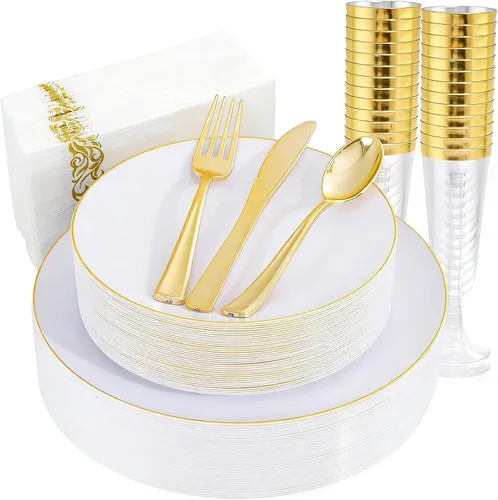 Liacere 175 piezas de platos de plástico blanco y dorado - El juego dorado incluye 50 platos de plástico, 25 tenedores, 25 cucharas, 25 cuchillos,