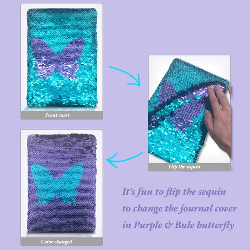 Miniatura 5 de GINMLYDA Diario de lentejuelas para niñas de 8.5 x 5.5 pulgadas, 160 páginas rayadas para niñas, cuaderno reversible de mariposa con secuencia