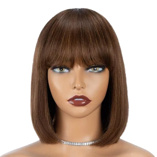 Rebecca Fashion Peluca de cabello humano castaño con flequillo de 10 pulgadas, pelucas de cabello humano lacio Yaki claro para mujeres negras, sin