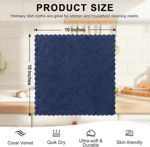 Miniatura 5 de Homaxy - Paquete de 12 trapos de cocina (10 x 10 pulgadas, azul marino), de terciopelo coral, supersuaves y absorbentes, de secado rápido, paño